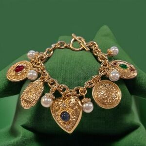 Byzantine Revival Gold Heart Coin Pearl Charm Toggle Bracelet